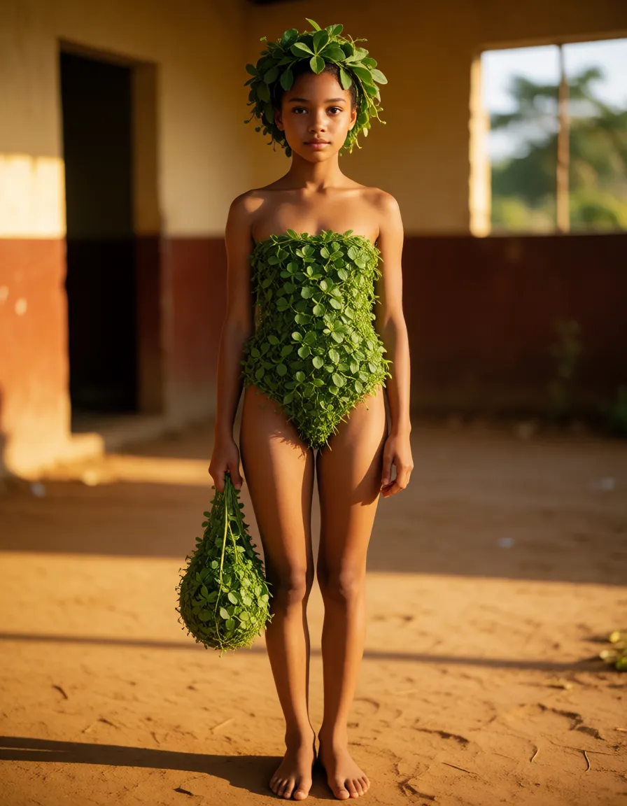 a photograph, Une petite soeur végétale, verte, sans habit. Dans une école. On voit le personnage en entier des pieds à la tete. Elle a un sac végétale à la main., warm golden afternoon daylight, soft natural shadows, warm amber tones, gentle contrast, fine film grain, smooth clear skin, strikingly beautiful, radiant complexion, early twenties