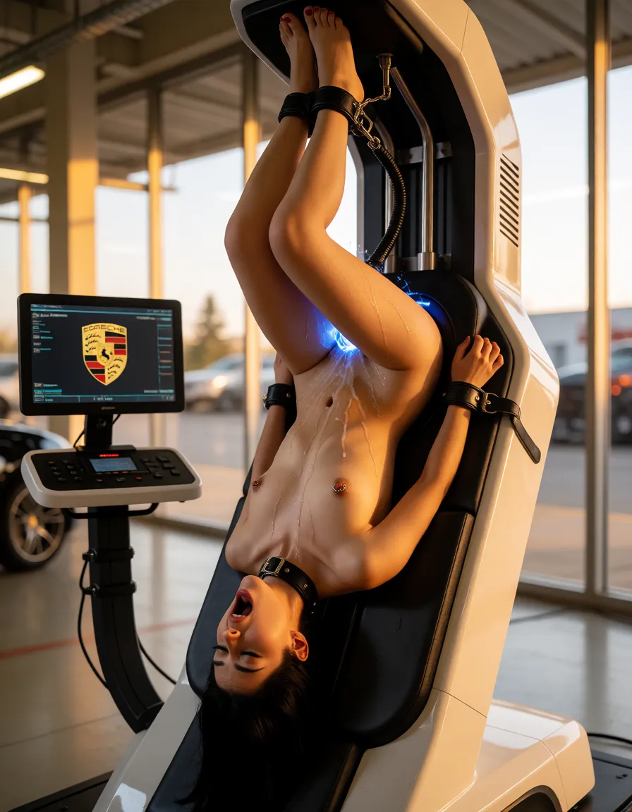 a photograph, naked Persian woman, skinny, stuck in bdsm machine, mechanic vibrator deep in her ass, vibrating, screaming, struggling, fuck machine, leather collar, leather cuffs, nipple rings, fingers cramping, black hair, straight middle parted hair, legs bound up together and bound up, legs bound, pussy dripping, machine pulls legs up to the ceiling, head down, futuristic machine with monitor. Shaved pussy, arms bound behind back. Inside lighting, sweaty body, inside car factory, Porsche logo, warm golden afternoon daylight, soft natural shadows, warm amber tones, gentle contrast, fine film grain, smooth clear skin, strikingly beautiful, radiant complexion, early twenties