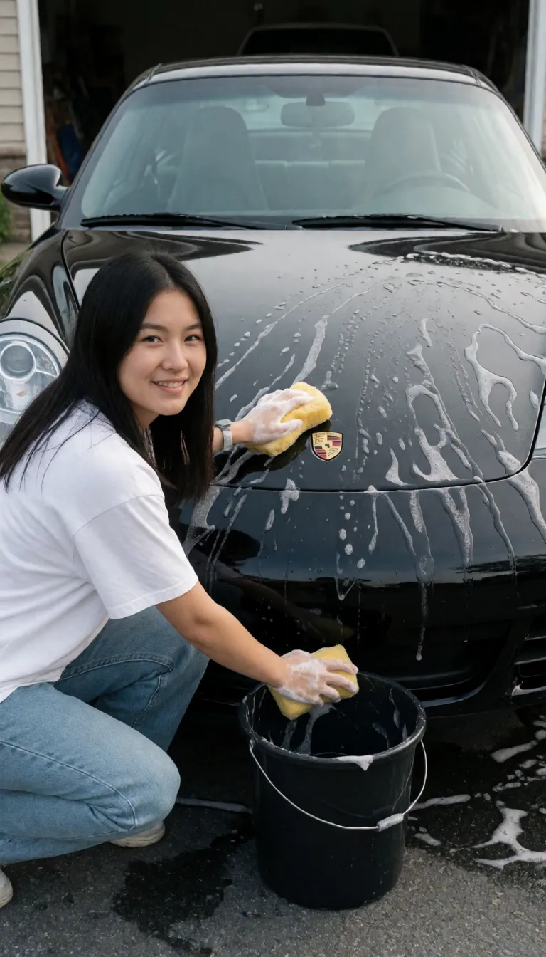 an amateur snapshot, Naked Persian slave woman is washing a black Porsche 911 car in the driveway, with sponge and bucket working hard, Porsche logo butt plug, skinny, nipple rings, leather collar with Porsche logo, leather cuffs, straight black hair middle parted, body covered in Porsche tattoos like Porsche logo and Porsche 911, Porsche wheel tattoo, Porsche writings tattoo, Porsche horse tattoo, regular car flames tattoos, tattoo, beautiful symbols tattoo,, plenty of natural daylight, flat even light, casual unposed snapshot, natural everyday colour, mild noise, natural unretouched skin, strikingly beautiful, radiant complexion, early twenties