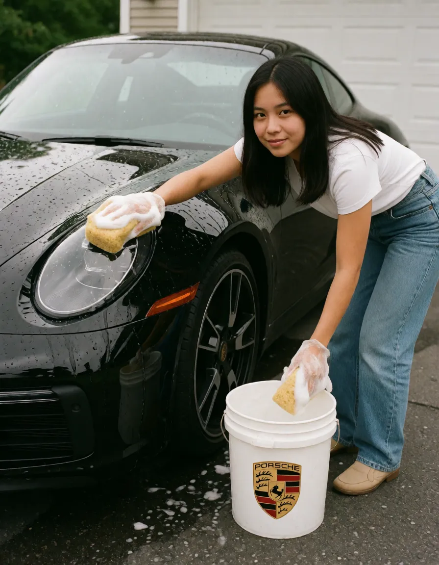 an amateur snapshot, Short Naked brown Persian slave woman is washing a black Porsche 911 car in the driveway, with sponge and bucket working hard, showing butt, skinny, nipple rings, leather collar with Porsche logo, leather cuffs on feet and arms, straight black hair middle parted, body covered in Porsche tattoos like only one Porsche logo and Porsche 911, Porsche wheel tattoo, Porsche writings tattoo, Porsche horse tattoo, regular car flames tattoos, 911 tattoo, beautiful symbols tattoo,, plenty of natural daylight, flat even light, casual unposed snapshot, natural everyday colour, mild noise, natural unretouched skin, strikingly beautiful, radiant complexion, early twenties
