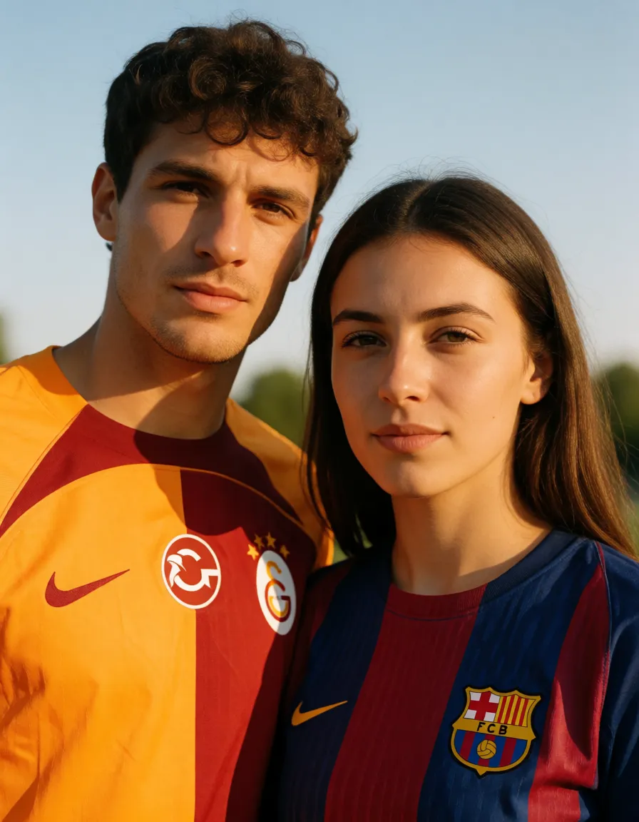 a photograph, Galatasaray male player fucks a Barcelona female player, warm golden afternoon daylight, soft natural shadows, warm amber tones, gentle contrast, fine film grain, smooth clear skin, strikingly beautiful, radiant complexion, early twenties