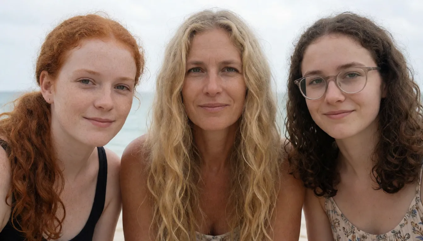 an amateur snapshot, lily is a 19 years old woman, with wavy red hair and ponytail, with small tits, fair skin and freckles, outie open wet shaved pussy. elle, woman 35 years old with very long wavy blonde hair and medium tits, shaved opened pussy. sophie is 19 years old brunette caucasian woman, curly hair in knob, thin, small tits, glasses. all three sit in a tropical puddle completely wet. it's raining, plenty of natural daylight, flat even light, casual unposed snapshot, natural everyday colour, mild noise, natural unretouched skin, strikingly beautiful, radiant complexion, early twenties