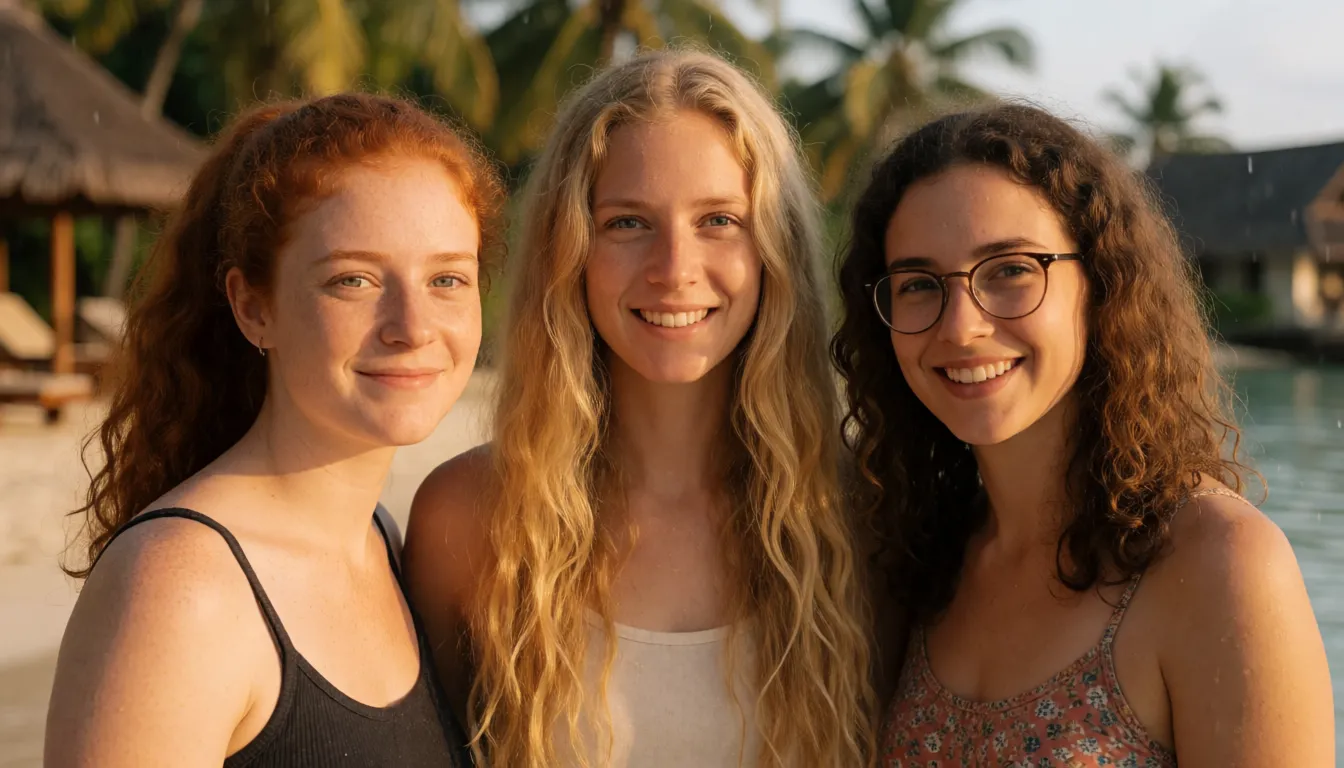 a photograph, three mates. lily is a 19 years old woman, with wavy red hair and ponytail, with small tits, fair skin and freckles, outie open wet shaved pussy. elle, woman 19 years old with very long wavy blonde hair and medium tits, shaved opened pussy. sophie is 19 years old brunette caucasian woman, curly hair in knob, thin, small tits, small butt, shaved, glasses. all three standing completely wet and dirty in a tropical puddle in a tourist resort, watching camera smiling. it's raining, warm golden afternoon daylight, soft natural shadows, warm amber tones, gentle contrast, fine film grain, smooth clear skin, strikingly beautiful, radiant complexion, early twenties