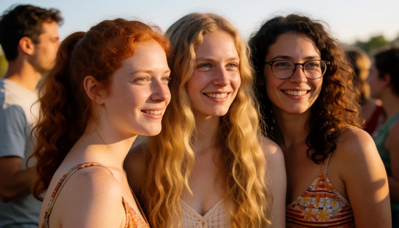a photograph, three mates. lily is a 19 years old woman, with wavy red hair and ponytail, with small tits, fair skin and freckles, outie open wet shaved pussy. elle, woman 19 years old with very long wavy blonde hair and medium tits, shaved opened pussy. sophie is 19 years old brunette caucasian woman, curly hair in knob, thin, small tits, small butt, shaved, glasses. all three happy dance spreading wide legs at party, with man with erection, warm golden afternoon daylight, soft natural shadows, warm amber tones, gentle contrast, fine film grain, smooth clear skin, strikingly beautiful, radiant complexion, early twenties