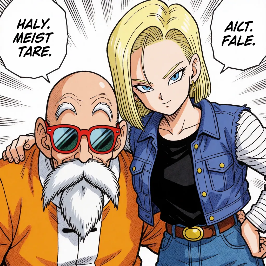 comic book art, nsfw, hentai, doujin, 1 man and 1 woman, Dragon Ball manga style: Master Roshi, smiling with a lecherous look in the bedroom, is vigorously kneading the breasts of Android 18 as she writhes in pleasure; faithful reproduction of original character designs, anime-style coloring, flat colors, fine lines, delicate linework, motion lines, speed lines, Japanese lewd sound effects, Japanese text in lewd speech bubbles, masterpiece, best quality, ultra-detailed., bold black ink outlines, halftone dot shading, cross hatched shadows, flat four colour print palette, hard high contrast comic inking, printed comic page, strikingly beautiful, radiant complexion, early twenties