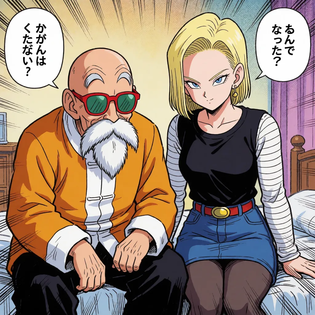 comic book art, nsfw, hentai, doujin, one man and one woman, Master Roshi (smiling with a lecherous look) having missionary-style vaginal sex with Android 18 (writhing in pleasure) in a bedroom, sexual act faithfully recreating the characters' original appearances, anime-style coloring, flat colors, fine lines, delicate linework, motion lines, speed lines, Japanese lewd sound effects, Japanese text in lewd speech bubbles, masterpiece, best quality, ultra-detailed, bold black ink outlines, halftone dot shading, cross hatched shadows, flat four colour print palette, hard high contrast comic inking, printed comic page, strikingly beautiful, radiant complexion, early twenties