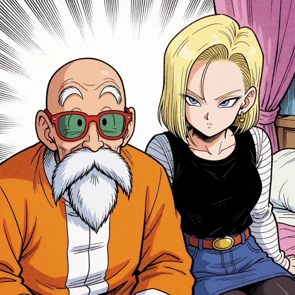comic book art, nsfw, hentai, doujin, one man and one woman, Master Roshi smiling with a lecherous look while Android 18 writhes in pleasure, sexual intercourse scene featuring hip movement and faithful reproduction of the original character designs, set in a bedroom, anime-style coloring, flat colors, fine lines, delicate linework, motion lines, speed lines, Japanese lewd sound effects, Japanese lewd speech bubbles, masterpiece, best quality, ultra-detailed., bold black ink outlines, halftone dot shading, cross hatched shadows, flat four colour print palette, hard high contrast comic inking, printed comic page, strikingly beautiful, radiant complexion, early twenties