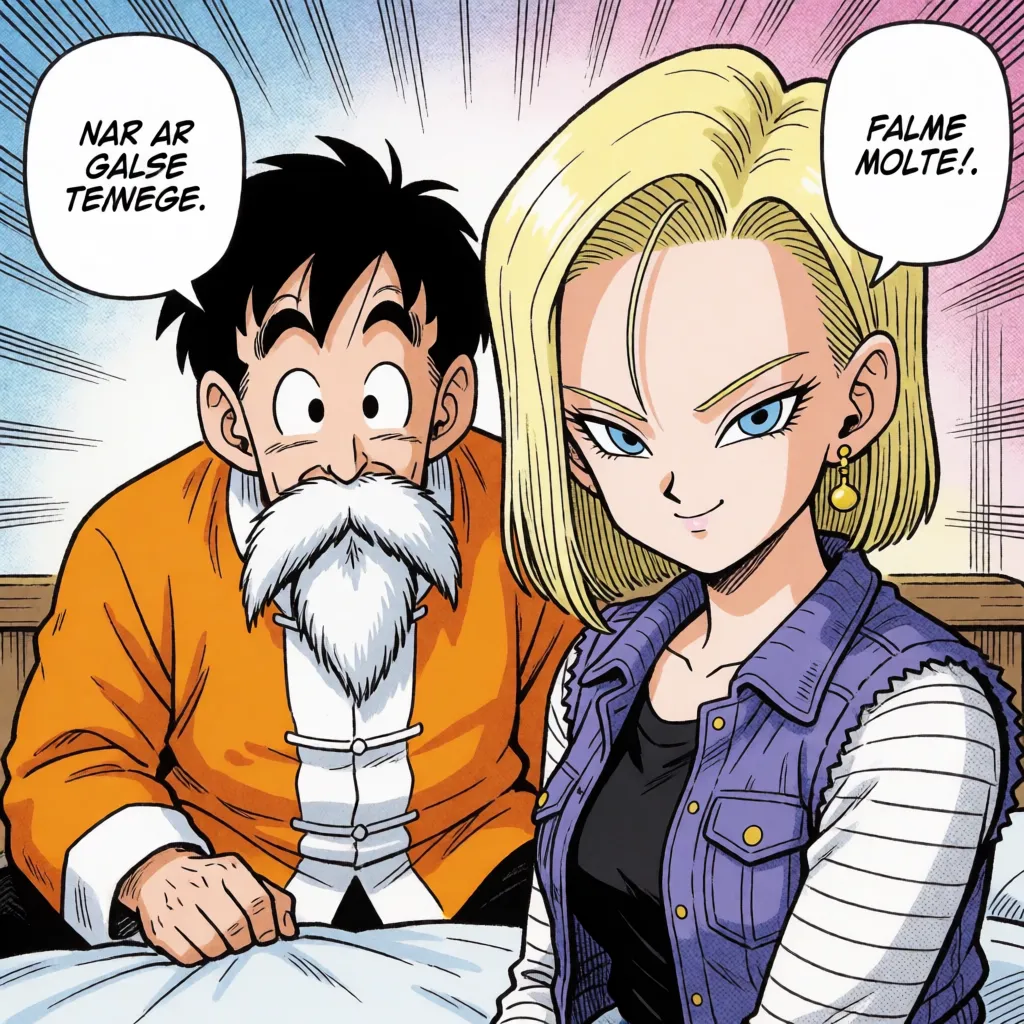 comic book art, nsfw, hentai, doujin, 1 man and 1 woman, Dragon Ball manga style, faithful recreation of original character designs, a man resembling Master Roshi smiling with a lewd look and a woman resembling Android 18 writhing in pleasure, vaginal penetration, missionary position, vigorous hip movement, in the bedroom, anime-style coloring, flat colors, fine lines, delicate linework, motion lines, speed lines, lewd Japanese sound effects, lewd Japanese text in speech bubbles, masterpiece, best quality, ultra-detailed, bold black ink outlines, halftone dot shading, cross hatched shadows, flat four colour print palette, hard high contrast comic inking, printed comic page, strikingly beautiful, radiant complexion, early twenties