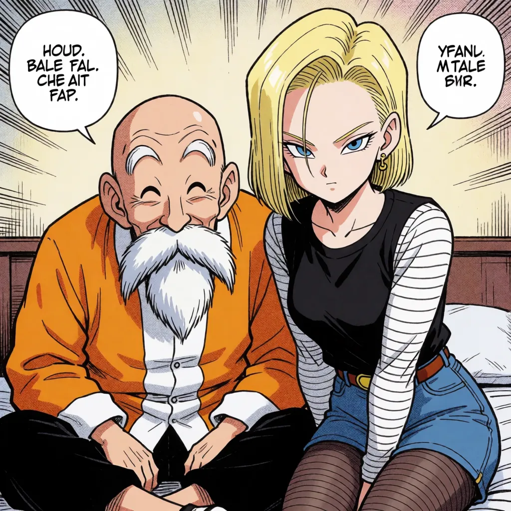 comic book art, nsfw, hentai, doujin, 1 man and 1 woman, Dragon Ball fan art, Master Roshi smiling with a lewd look while Android 18 writhes in pleasure, vaginal penetration, missionary position, vigorous thrusting, in the bedroom, anime-style coloring, flat colors, fine lines, delicate linework, motion lines, speed lines, Japanese lewd sound effects, Japanese lewd text in speech bubbles, masterpiece, best quality, ultra-detailed, bold black ink outlines, halftone dot shading, cross hatched shadows, flat four colour print palette, hard high contrast comic inking, printed comic page, strikingly beautiful, radiant complexion, early twenties