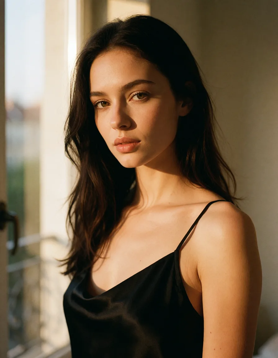 a photograph, a woman with long dark hair in a black silk slip, soft window light, shot on film, warm golden afternoon daylight, soft natural shadows, warm amber tones, gentle contrast, fine film grain, smooth clear skin, strikingly beautiful, radiant complexion, early twenties