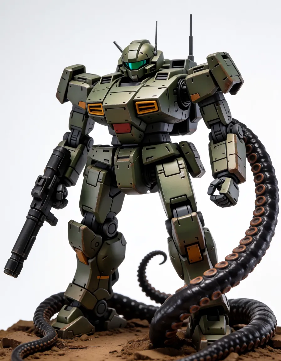 a studio photograph, mech stand in battle field,tentacle grab mech,tentacle fuck mech,tentacle cum on body mech, even shadowless studio light, plain white background, clean rich colour, flawless polished skin, strikingly beautiful, radiant complexion, early twenties