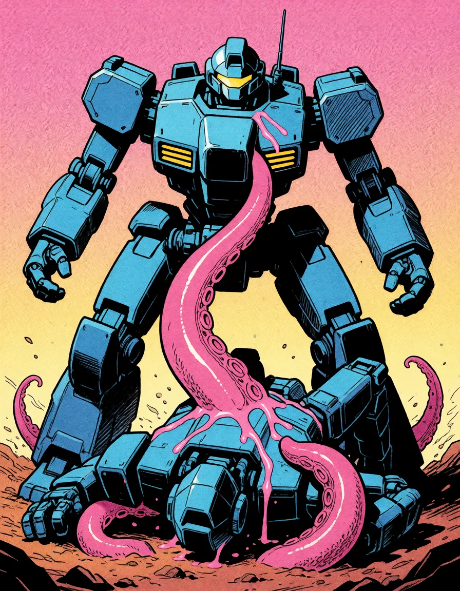 comic book art, mech stand in battle field,tentacle grab mech,tentacle fuck mech,tentacle cum on body mech, bold black ink outlines, halftone dot shading, cross hatched shadows, flat four colour print palette, hard high contrast comic inking, printed comic page, strikingly beautiful, radiant complexion, early twenties