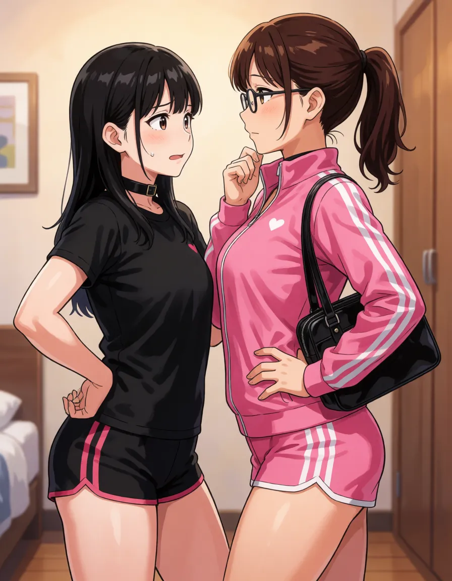 hentai anime art, multiple heads, conjoined twins, two heads sharing one body, interracial, two-tone skin, split-colored skin, split-color body, small height asian milf, black hair second head, brown hair ponytail, tsurime, freckles, body freckles, first head nervously looking at second one, second head smug tongue out, parted lips, beautiful lips, lesbians, black sport shirt, pink sport jackets, sport shorts, heart legband, skindentation, glasses, heart chokers, handbag, big chubby belly, (gigantic sagging breasts, huge natural perky breasts:1.4), accurate small perky breast, asymmetrical breasts, fat, bbw, large buttocks, standing, contrapposto, legs apart, hand on hip, holding chin, tired, room, side view,, clean lineart, smooth cel shading, glossy highlights, saturated warm colour, drawn illustration, strikingly beautiful, radiant complexion, early twenties