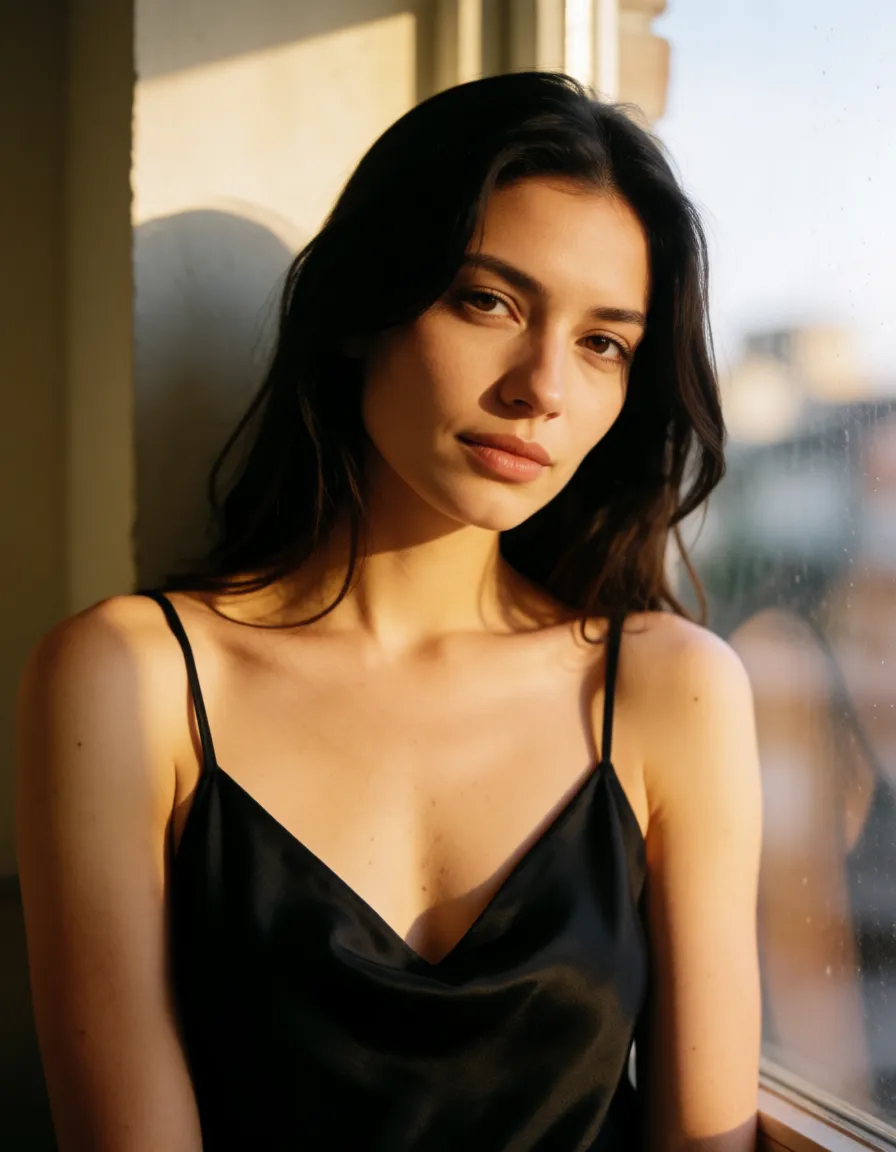 a photograph, a woman with long dark hair in a black silk slip, soft window light, shot on film covered in cum, warm golden afternoon daylight, soft natural shadows, warm amber tones, gentle contrast, fine film grain, smooth clear skin, strikingly beautiful, radiant complexion, early twenties