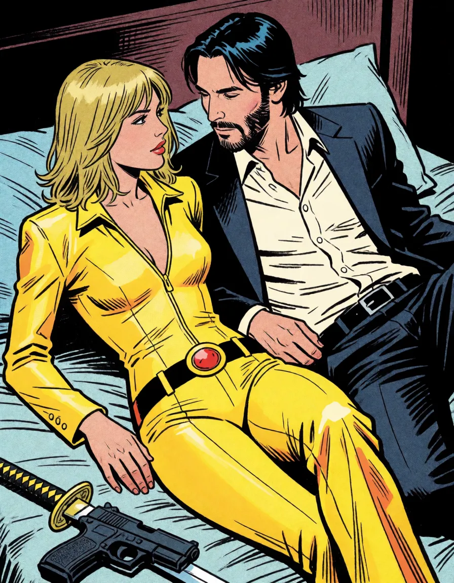comic book art, John Wick snd The Bride from Kill Bill have sex. Her yellow suit is unzipped revealing her breasts and pussy. He wears a suit jacket and unbuttoned shirt. Her sword and his gun are laid on the bed next to them. Her hair is medium length blonde., bold black ink outlines, halftone dot shading, cross hatched shadows, flat four colour print palette, hard high contrast comic inking, printed comic page, strikingly beautiful, radiant complexion, early twenties