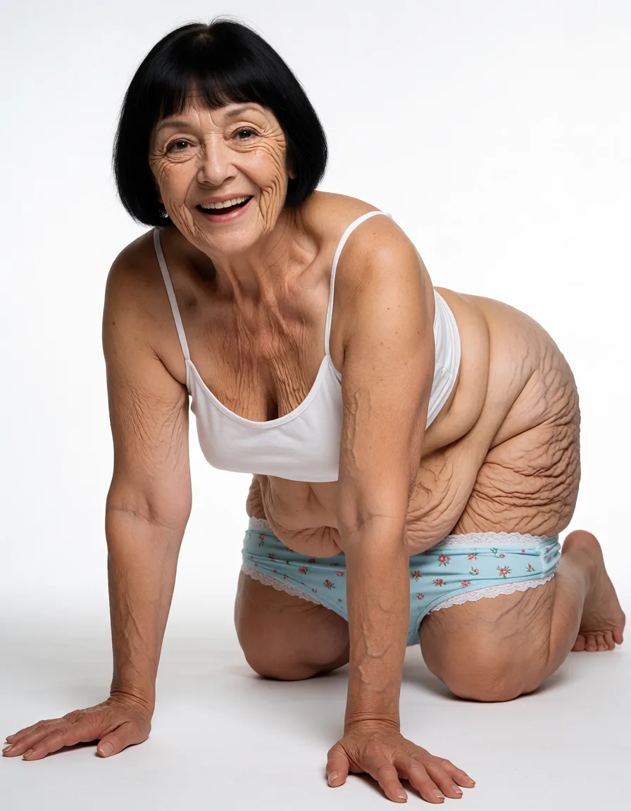 a studio photograph, A highly detailed photorealistic image of an elderly woman with thin short black bob haircut with bangs and deep facial wrinkles smiling directly at the camera with an open mouth showing teeth, her body positioned on all fours in a doggy-style pose with knees on the ground and hands planted on the white background floor, wearing only a white spaghetti strap tank top and light blue floral-patterned panties with white lace trim pulle down, her deflated sagging breasts and flabby belly hanging towards the floor, her buttocks prominently raised with visible deep folds, cellulite, and varicose veins, flabby arms and thick flabby legs showing extensive age-related skin texture, veins, and wrinkles, natural skin tone with realistic aging details, even shadowless studio light, plain white background, clean rich colour, flawless polished skin, strikingly beautiful, radiant complexion, early twenties