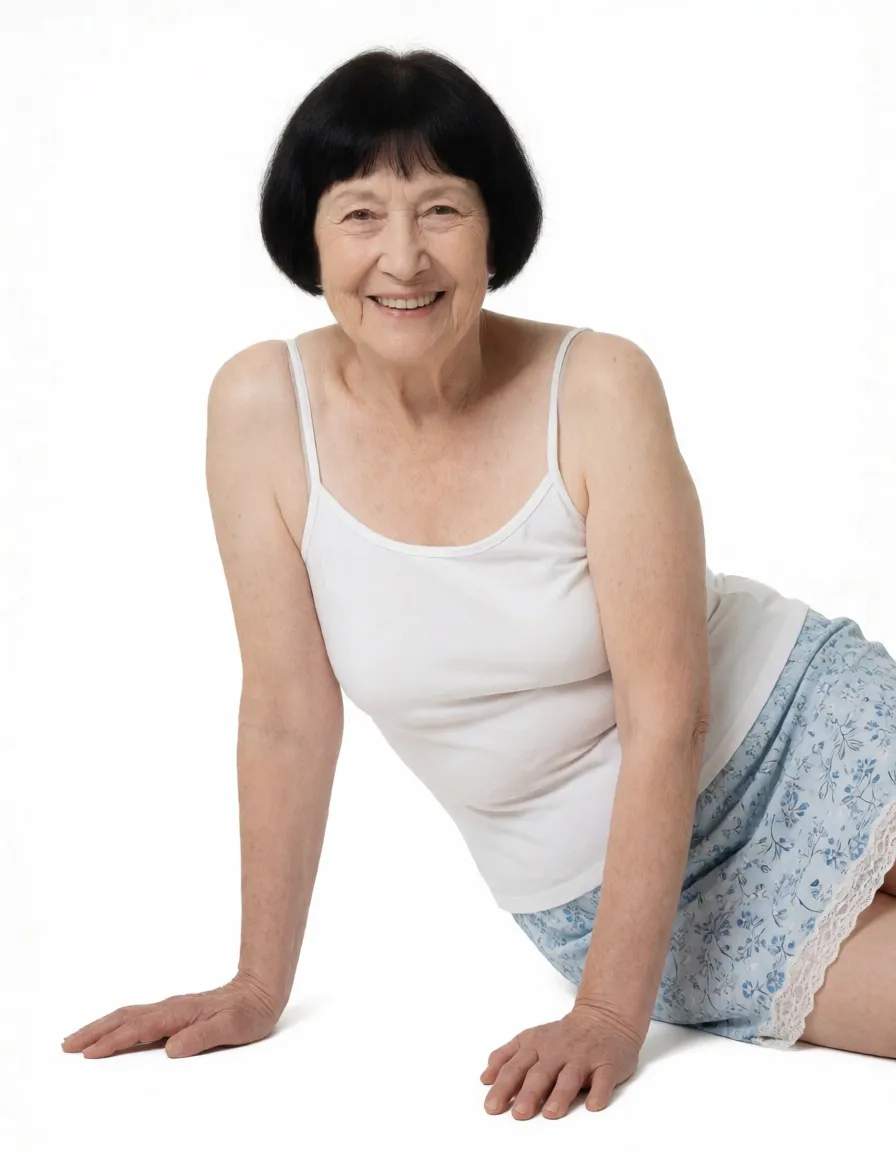 a studio photograph, A image of an very pale elderly woman with thin short black bob haircut with bangs and deep facial wrinkles smiling directly at the camera with an open mouth showing teeth, her body 3/4 sideways positioned on all fours in a doggy-style pose with knees on the ground and hands planted on the white background floor, wearing only a white spaghetti strap tank top and light blue floral-patterned panties with white lace trim pulle down, her deflated sagging breasts and flabby belly hanging towards the floor, her buttocks prominently raised with visible deep folds, cellulite, and varicose veins, flabby arms and thick flabby legs showing extensive age-related skin texture, veins, and wrinkles, natural skin tone with realistic aging details, even shadowless studio light, plain white background, clean rich colour, flawless polished skin, strikingly beautiful, radiant complexion, early twenties
