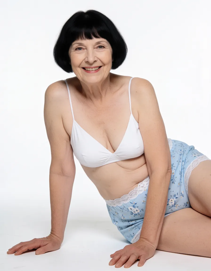 a studio photograph, A image of an very pale elderly white woman with thin short black bob haircut with bangs and deep facial wrinkles smiling directly at the camera with an open mouth showing teeth, her body 3/4 sideways positioned on all fours in a doggy-style pose with knees on the ground and hands planted on the white background floor, wearing only a white spaghetti bra and light blue floral-patterned panties with white lace trim pulled down, her deflated sagging breasts and flabby belly hanging towards the floor, her buttocks prominently raised with visible deep folds, cellulite, and varicose veins, flabby arms and thick flabby legs showing extensive age-related skin texture, veins, and wrinkles, natural skin tone with realistic aging details, even shadowless studio light, plain white background, clean rich colour, flawless polished skin, strikingly beautiful, radiant complexion, early twenties