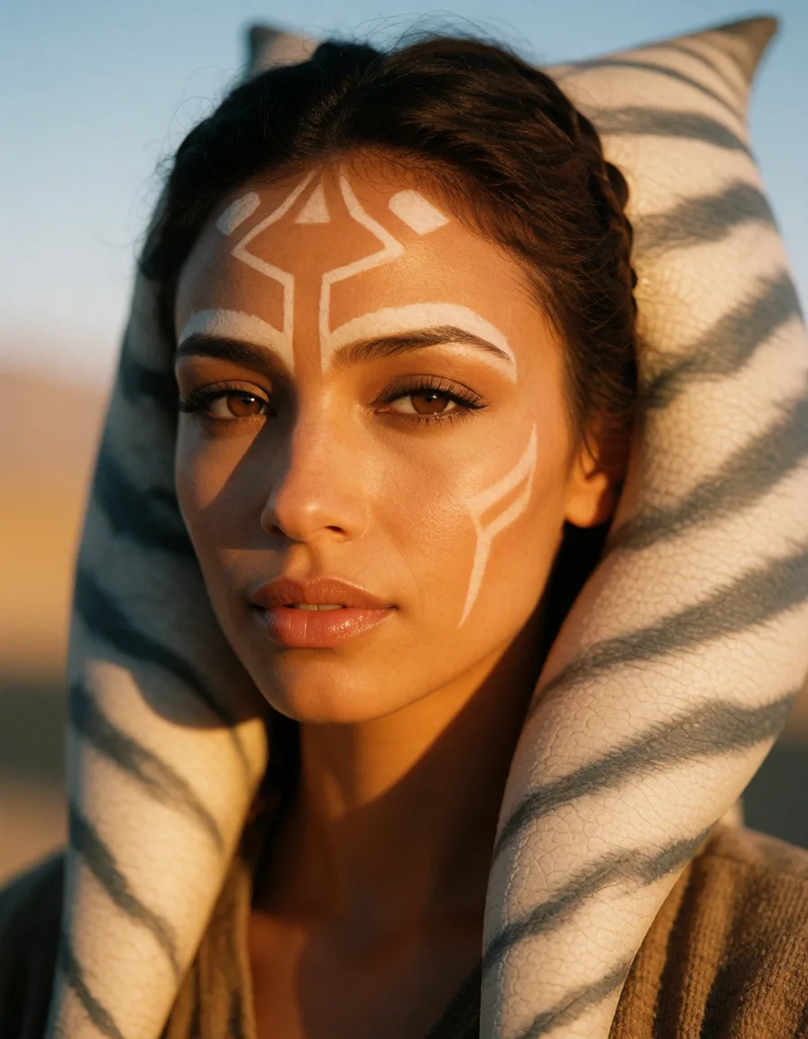 a photograph, Ahsoka tano naed, warm golden afternoon daylight, soft natural shadows, warm amber tones, gentle contrast, fine film grain, smooth clear skin, strikingly beautiful, radiant complexion, early twenties