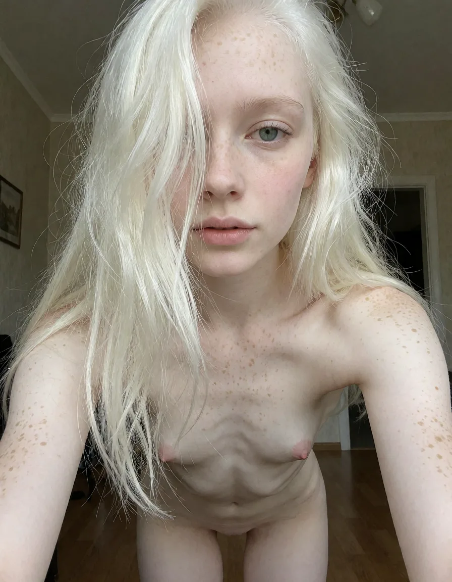 an amateur snapshot, 【她的全身图】
【在俄国芭蕾舞蹈室内】

【她是一个英国白化病thin_female】
【she looks like consumptive and sickly 】 【她气质十分阴郁乖巧】 【She had that consumptive beauty, with pale cheeks and a slender torso】 【she has pale thin lips】 【脸部和身体有褐色雀斑】 【凌乱的白金色长直发，遮住半张脸】 
 【裸体,裸足】, plenty of natural daylight, flat even light, casual unposed snapshot, natural everyday colour, mild noise, natural unretouched skin, strikingly beautiful, radiant complexion, early twenties