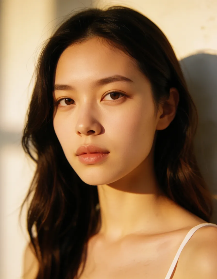 a photograph, android woman wide hips big tits, warm golden afternoon daylight, soft natural shadows, warm amber tones, gentle contrast, fine film grain, smooth clear skin, strikingly beautiful, radiant complexion, early twenties