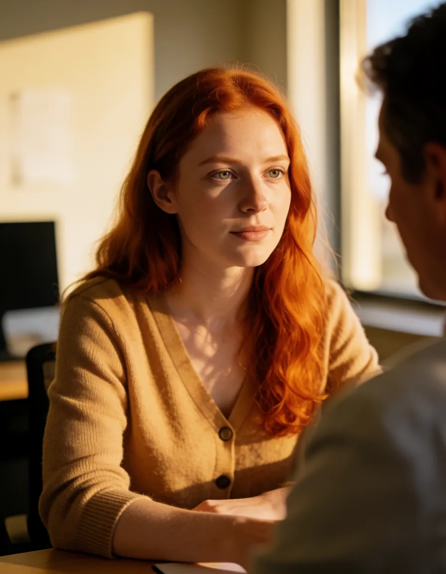 a photograph, 18 yo woman, hot red hair,woman, pretty face, pure white skin, long haïr, in office with boss, naked, (anal sex), warm golden afternoon daylight, soft natural shadows, warm amber tones, gentle contrast, fine film grain, smooth clear skin, strikingly beautiful, radiant complexion, early twenties