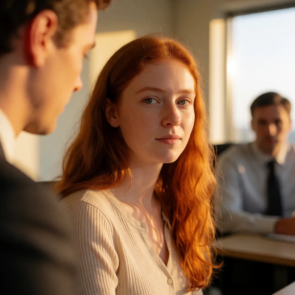 a photograph, 18 yo woman, hot red hair, anal , pretty face, pure white skin, long haïr, in office with boss, naked, (anal sex), warm golden afternoon daylight, soft natural shadows, warm amber tones, gentle contrast, fine film grain, smooth clear skin, strikingly beautiful, radiant complexion, early twenties
