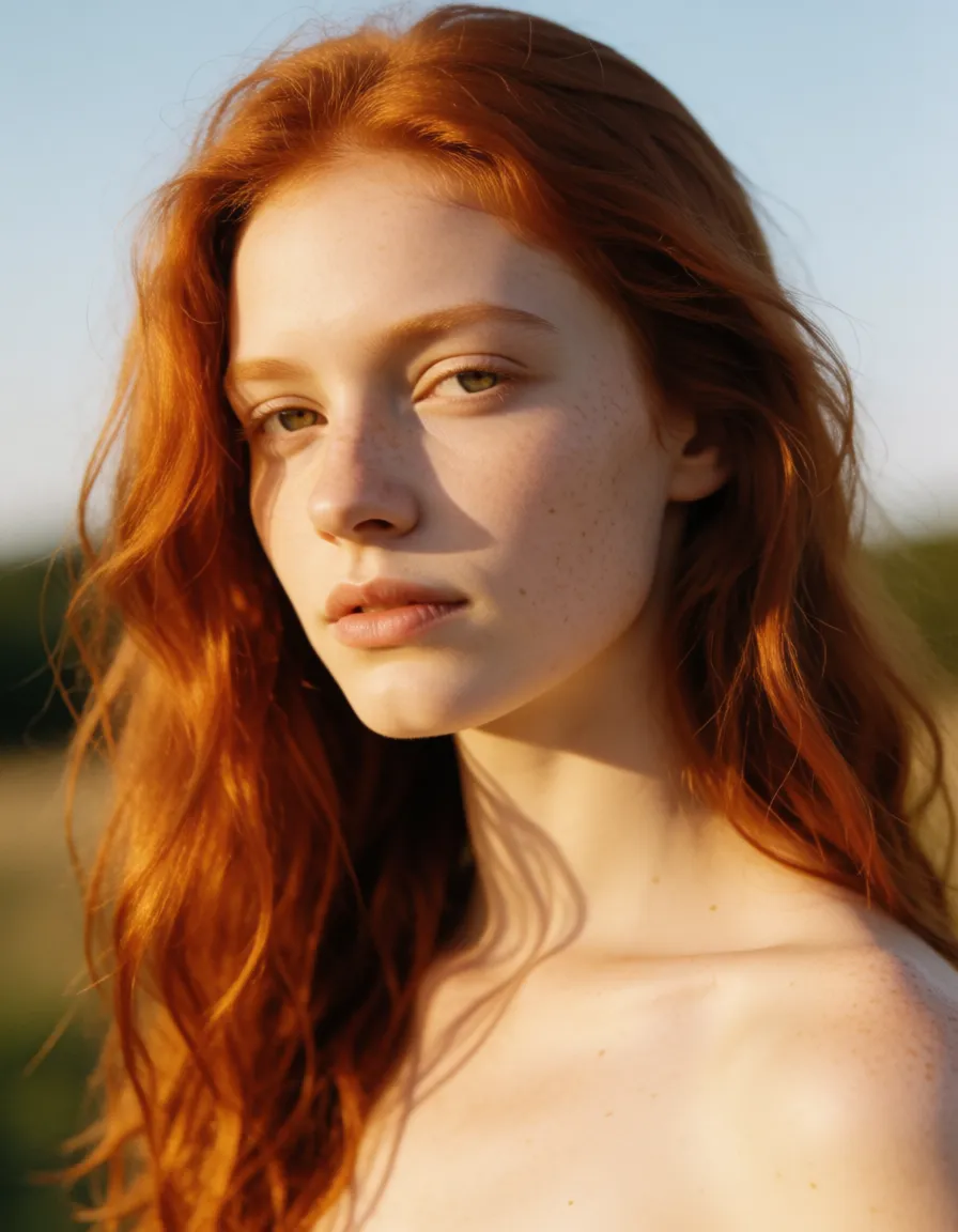 a photograph, 18 yo woman, hot red hair, anal , pretty face, pure white skin, long haïr, naked,, warm golden afternoon daylight, soft natural shadows, warm amber tones, gentle contrast, fine film grain, smooth clear skin, strikingly beautiful, radiant complexion, early twenties