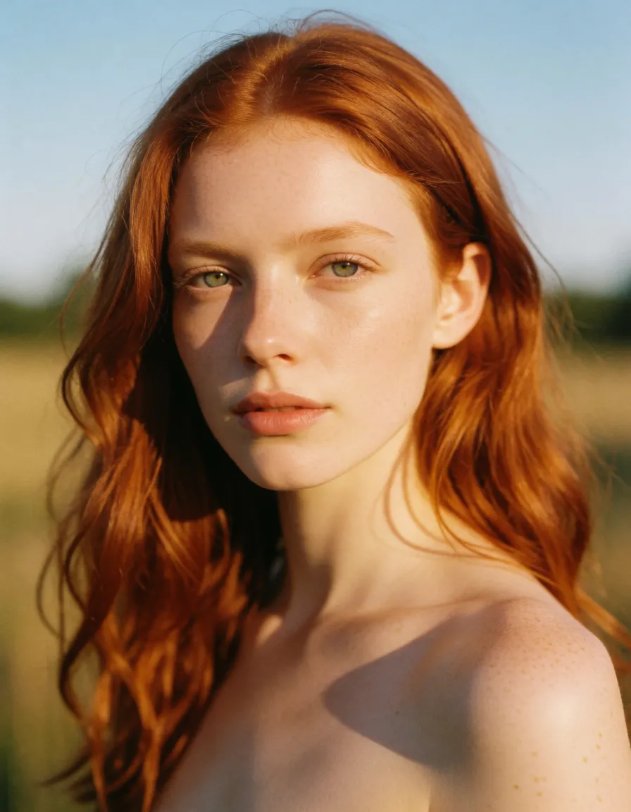 a photograph, beautiful 18 yo woman, anal penetration, red hair, anal, pretty face, pure white skin, long haïr, naked,, warm golden afternoon daylight, soft natural shadows, warm amber tones, gentle contrast, fine film grain, smooth clear skin, strikingly beautiful, radiant complexion, early twenties