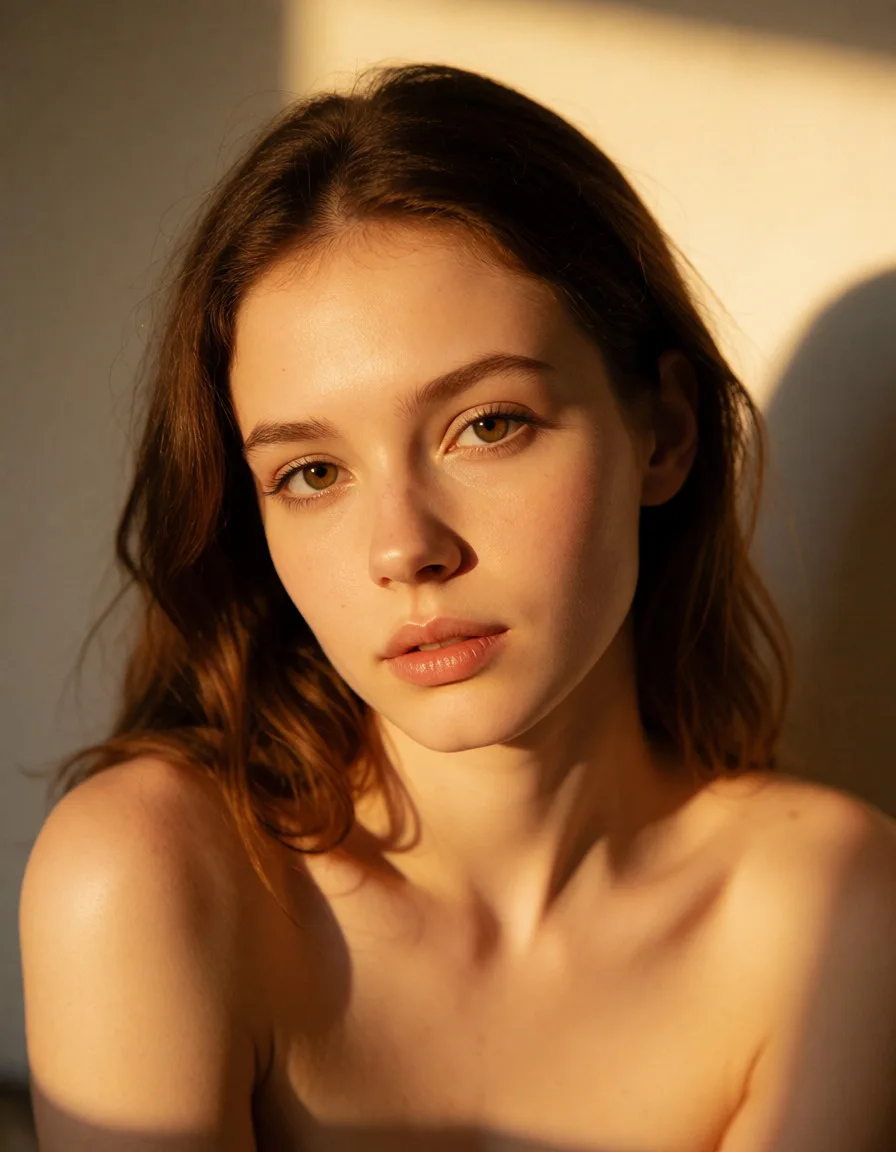 a photograph, sex, warm golden afternoon daylight, soft natural shadows, warm amber tones, gentle contrast, fine film grain, smooth clear skin, strikingly beautiful, radiant complexion, early twenties