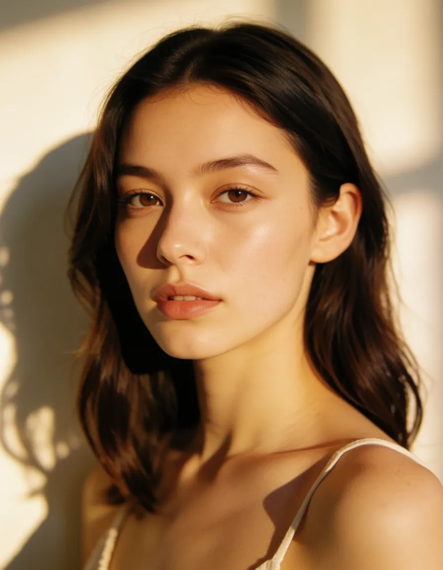 a photograph, جنسي, warm golden afternoon daylight, soft natural shadows, warm amber tones, gentle contrast, fine film grain, smooth clear skin, strikingly beautiful, radiant complexion, early twenties