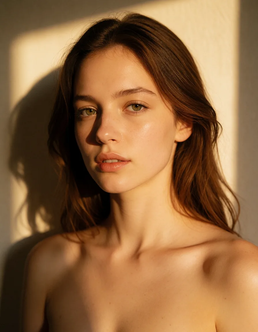 a photograph, sex, warm golden afternoon daylight, soft natural shadows, warm amber tones, gentle contrast, fine film grain, smooth clear skin, strikingly beautiful, radiant complexion, early twenties