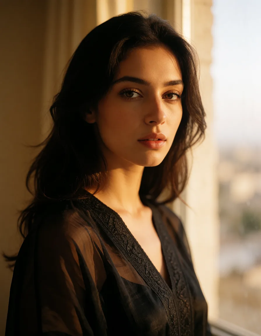 a photograph, امرأة ذات شعر داكن طويل ترتدي ثوبًا حريريًا أسود، تحت ضوء نافذة خافت، تم تصويرها على فيلم ملط كس, warm golden afternoon daylight, soft natural shadows, warm amber tones, gentle contrast, fine film grain, smooth clear skin, strikingly beautiful, radiant complexion, early twenties