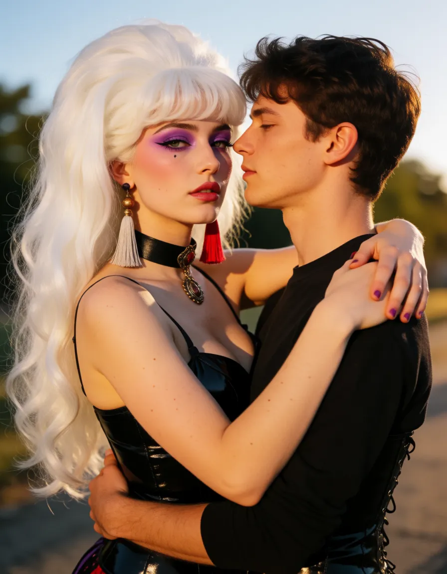 a photograph, bimbo pornstar with gigantic, huge breasts, a white with long, voluminous hair, a voluminous fringe with curled locks, bright purple eyeshadow, bold black eyeliner, bright pink blush on the cheeks, large scarlet red lips, lush, long eyelashes, massive earrings with tassels, a wide choker with a pendant,black classic shoes with extremely high red neon heels and extremely high red neon platforms.Black sexy harness around breasts, black shiny stockings, black latex corset.She has tanned and shiny skin beautiful body. She sexy Moans.
Her boobs are swollen to an incredible gigantic size.
She’s hanging on the guy, her arms wrapped around his neck, and her legs are wrapped around his torso. The guy is supporting her by the legs and fucking her in the vagina.
 The second guy stands behind her and massages her buttocks, inserting his cock into her tight anal hole.
harcore standing double penetration! 
They performed a standing double penetration.
View from side, warm golden afternoon daylight, soft natural shadows, warm amber tones, gentle contrast, fine film grain, smooth clear skin, strikingly beautiful, radiant complexion, early twenties