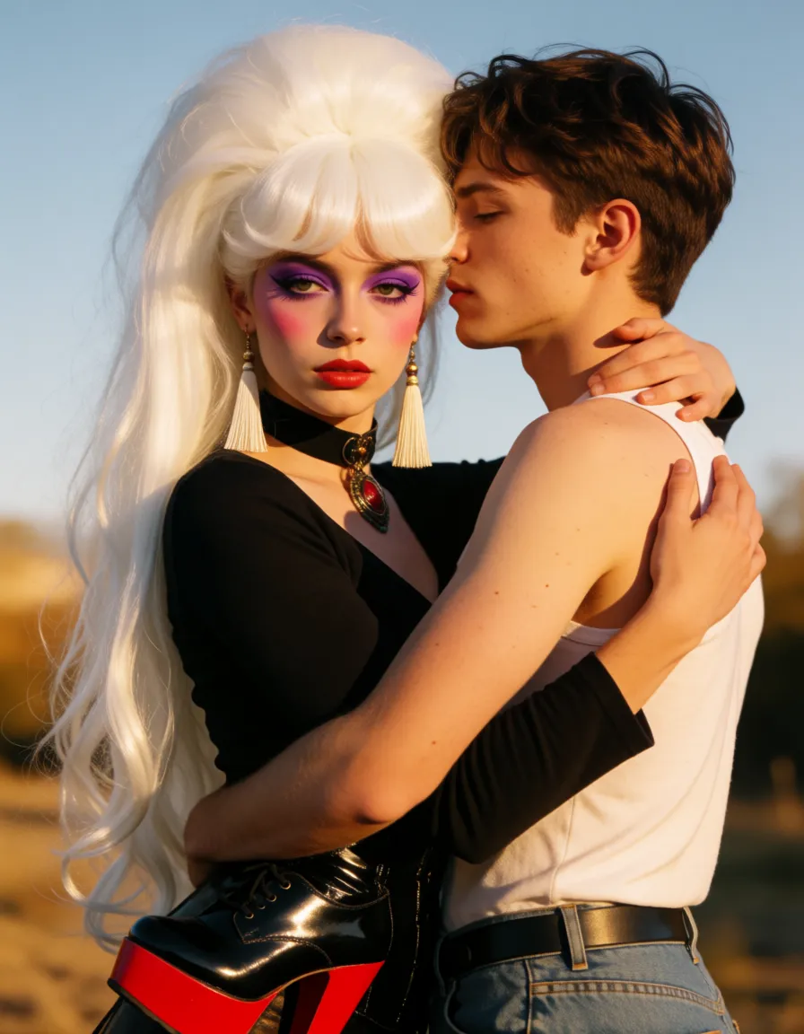 a photograph, pornstar with gigantic huge breasts, a white with long, voluminous hair, a voluminous fringe with curled locks, bright purple eyeshadow, bold black eyeliner, bright pink blush on the cheeks, large scarlet red lips, lush, long eyelashes, massive earrings with tassels, a wide choker with a pendant,black classic shoes with extremely high red neon heels and extremely high red neon platforms.Black sexy harness around breasts, black shiny stockings, black latex corset.She has tanned and shiny skin beautiful body. She sexy Moans.
Her boobs are swollen to an incredible gigantic size.
She’s hanging on the guy, her arms wrapped around his neck, and her two legs are wrapped around his torso. The guy is supporting her by the legs and fucking her in the vagina.
 The second guy stands behind her and massages her buttocks, inserting his cock into her tight anal hole.
harcore standing double penetration! 
They performed a standing double penetration.
View from side, warm golden afternoon daylight, soft natural shadows, warm amber tones, gentle contrast, fine film grain, smooth clear skin, strikingly beautiful, radiant complexion, early twenties