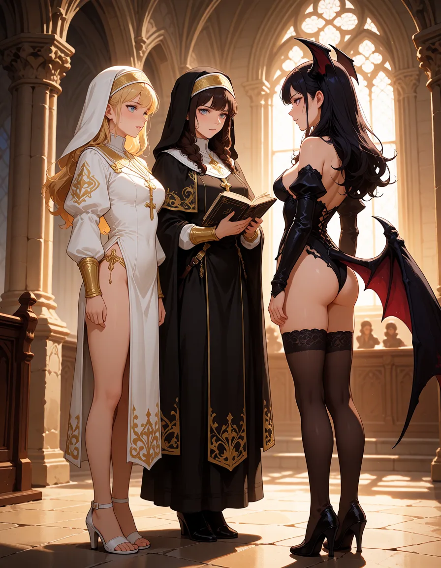a photograph, hentai, uncensored, explicit, 2women, adult women, gothic cathedral interior, 18-year-old blonde nun Celia in white and gold nun outfit, white high-heeled sandals, and 25-year-old dark-haired nun Formi in black and gold nun outfit with cloak, standing ready with a spell book, facing a dark-haired succubus Agnes in revealing demonic outfit, tense atmosphere, high detail, digital anime style, warm golden afternoon daylight, soft natural shadows, warm amber tones, gentle contrast, fine film grain, smooth clear skin, strikingly beautiful, radiant complexion, early twenties