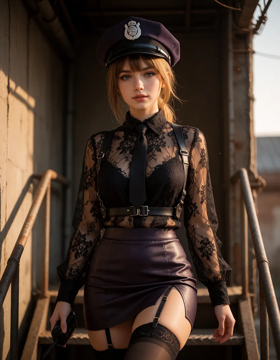 a photograph, beautiful 24-year-old woman named Alice, light brown hair with bangs, soft facial features, light eyes, calm confident expression, wearing a dark purple police-style peaked cap with silver emblem, sheer black lace long-sleeve blouse under leather straps and harness, short dark leather skirt with side slit, black stockings with garter straps, black high heels, holding a radio or walking on metal stairs in a dim industrial facility, cinematic lighting, high detail, photorealistic, elegant and professional atmosphere, warm golden afternoon daylight, soft natural shadows, warm amber tones, gentle contrast, fine film grain, smooth clear skin, strikingly beautiful, radiant complexion, early twenties