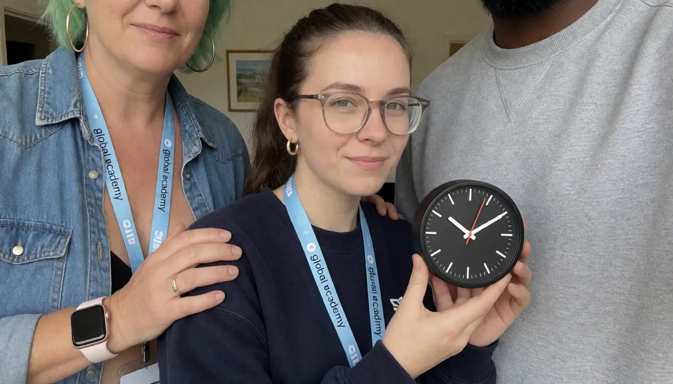 an amateur snapshot, In a zoomed in scene, a slim short petite woman with glasses and brunette hair in ponytail, wearing no makeup or lipstick with spots on her face and braces on her teeth, wearing a dark navy sweatshirt  and lanyard around her neck in light blue with global academy written on in, also wearing gold hoop earrings and a pink Apple Watch on her wrist, has a 8 inch black clock in her hand, it is dripping precum and she is licking it up off the tip of the cock, the black man has his hand under the brunette women chin, you can only see his arm and he is wearing a grey sweatshirt. The woman has little bit of saliva dripping from the corner of her mouth and has one hand at the base of the black cock. Just to the left of her you can see from the shoulders Behind her is a not so slim  chubby white  44 year old woman wearing  big gold hoop earrings and she has badly dyed  green short hair. She is wearing an opened denim shirt and lanyard light blue with global academy on. She is kissing the neck of the brunette woman . She has her left hand on the brunette woman’s shoulder and her right hand is pulling up the brunette women jumper , she is wearing a gold wedding ring and a pink Apple Watch . Her shirt is open and you can see the top of her breasts and a couple small tattoos. In the distance behind you can see a cheap picture in a frame on the wall., plenty of natural daylight, flat even light, casual unposed snapshot, natural everyday colour, mild noise, natural unretouched skin, strikingly beautiful, radiant complexion, early twenties