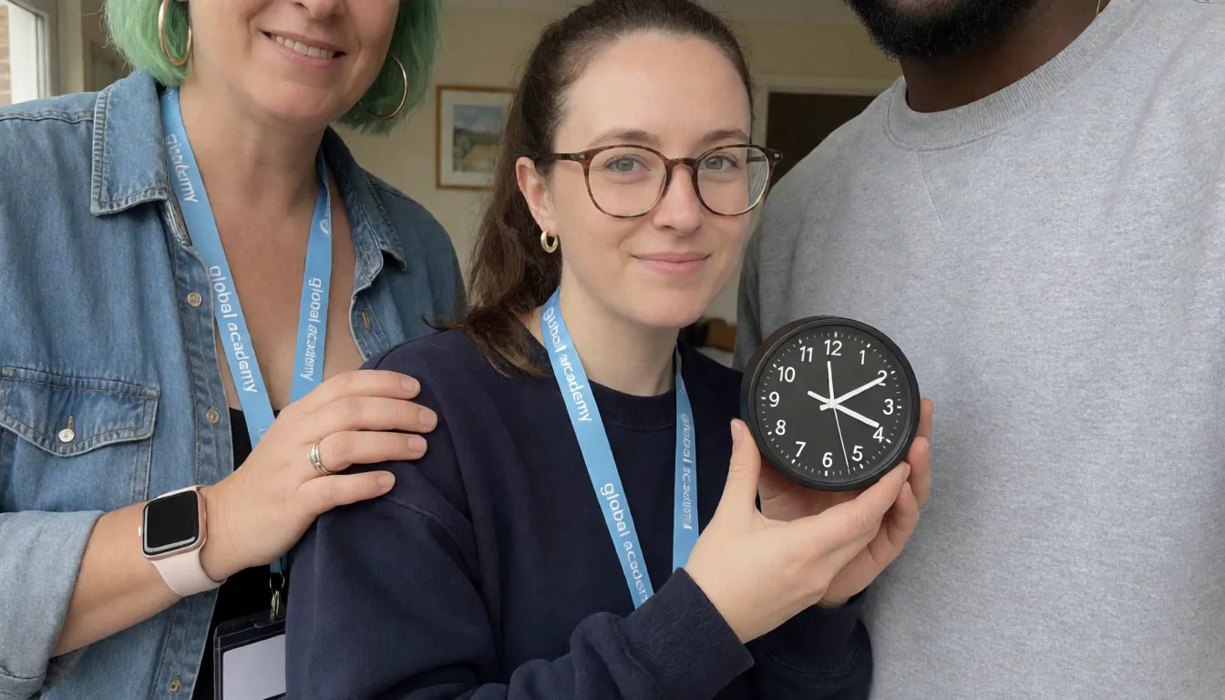 an amateur snapshot, In a zoomed in scene, a slim short petite woman with glasses and brunette hair in ponytail, wearing no makeup or lipstick with spots on her face and braces on her teeth, wearing a dark navy sweatshirt  and lanyard around her neck in light blue with global academy written on in, also wearing gold hoop earrings and a pink Apple Watch on her wrist, has a 8 inch black clock in her hand, it is dripping precum and she is licking it up off the tip of the cock, the black man has his hand under the brunette women chin, you can only see his arm and he is wearing a grey sweatshirt. The woman has little bit of saliva dripping from the corner of her mouth and has one hand at the base of the black cock. Just to the left of her you can see from the shoulders Behind her is a not so slim  chubby white  44 year old woman wearing  big gold hoop earrings and she has badly dyed  green short hair. She is wearing an opened denim shirt and lanyard light blue with global academy on. She is kissing the neck of the brunette woman . She has her left hand on the brunette woman’s shoulder and her right hand is pulling up the brunette women jumper , she is wearing a gold wedding ring and a pink Apple Watch . Her shirt is open and you can see the top of her breasts and a couple small tattoos. In the distance behind you can see a cheap picture in a frame on the wall., plenty of natural daylight, flat even light, casual unposed snapshot, natural everyday colour, mild noise, natural unretouched skin, strikingly beautiful, radiant complexion, early twenties