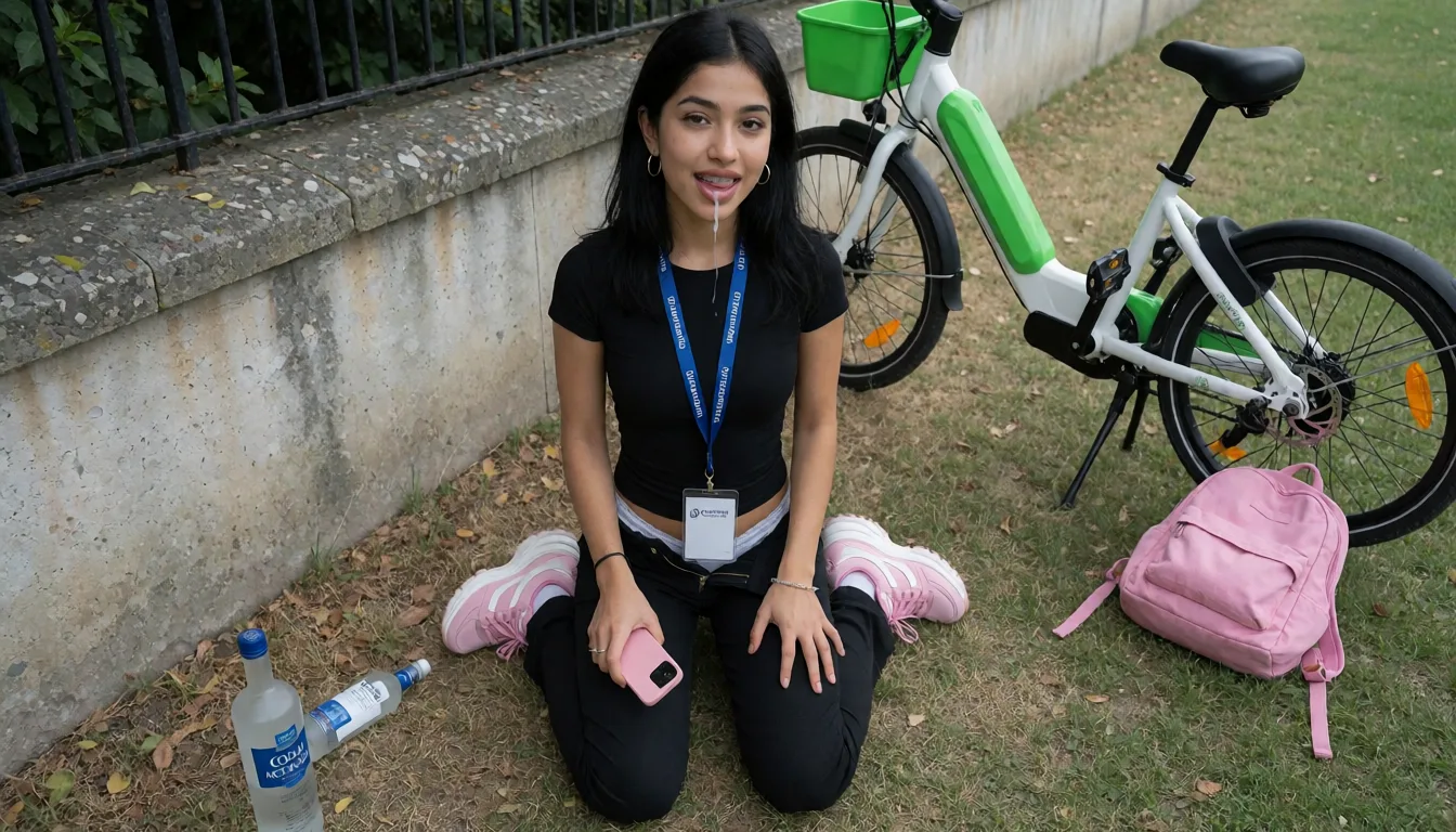 an amateur snapshot, A petite short thin British Indian woman, 18 years old, with long black hair, full lips and pretty face, wearing black tight top and black trousers which are unzipped and also wearing pink big trainers,you can see her white panties and she is holding a pink mobile phone in one hand and the other is undoing her trousers and wearing a lanyard with white badge with global academy on is on her knees with hands on her thighs on the patchy grass in a park by a wall. There is a bottle of vodka on the ground and a green and white electric bicycle on its stand behind. There is also a pink rucksack on the grass. She has gold hoop earrings and has braces on her teeth and she is picking here lips, there is a bit of saliva dripping from her tongue. She has slim figure and round full small ass, plenty of natural daylight, flat even light, casual unposed snapshot, natural everyday colour, mild noise, natural unretouched skin, strikingly beautiful, radiant complexion, early twenties
