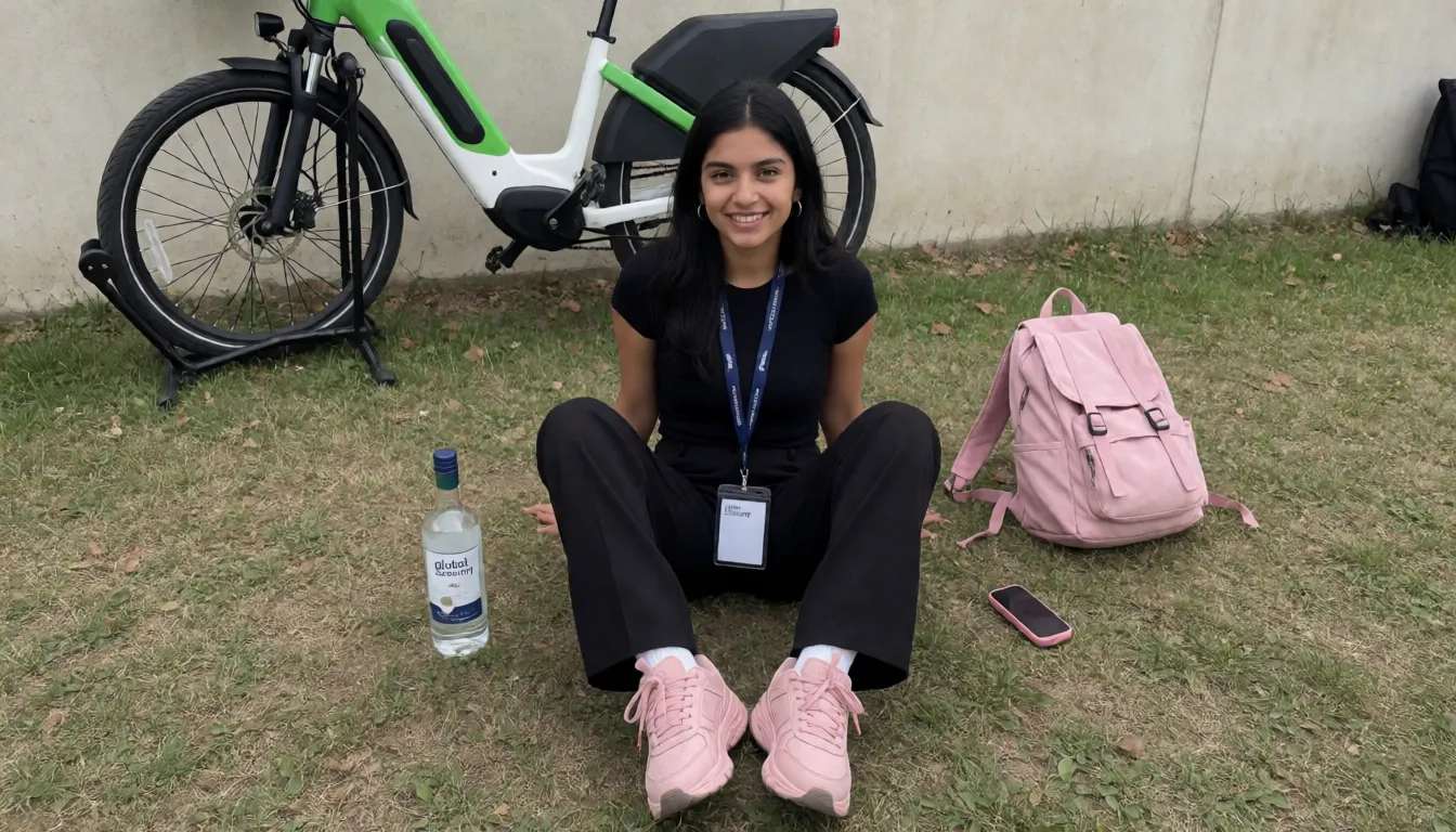 an amateur snapshot, A petite short thin British Indian woman, 18 years old, with long black hair, full lips and pretty face, wearing black tight top and black trousers which are pulled down her thighs, and also wearing pink big trainers,you can see her white pantiesand she ihas her index finger in her mouth with one hand and the other is pulling up her top past her flat stomach and she is wearing a lanyard with white badge with global academy on is on her knees the patchy grass in a park by a wall. There is a bottle of vodka on the ground and a green and white electric bicycle on its stand behind. There is also a pink rucksack on the grass. She has gold hoop earrings and has braces on her teeth and she She has slim figure and round full small ass, there is a pink mobile on the ground., plenty of natural daylight, flat even light, casual unposed snapshot, natural everyday colour, mild noise, natural unretouched skin, strikingly beautiful, radiant complexion, early twenties