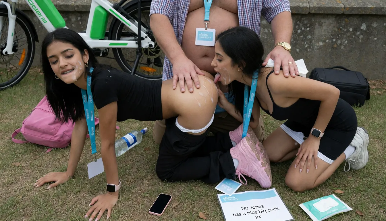 an amateur snapshot, A petite short thin British Indian woman, 18 years old, with long black hair, full lips and pretty face, wearing a black tight top and black trousers which are pulled down to her ankles and also wearing pink big trainers a pink Apple Watch , and she is bending over on her hands and knees on the grass with her ass on show and she is wearing a lanyard with white badge with global academy on a patchy grass in a park by a wall. Her white panties are pulled down to her ankles and you can see her bare round full ass. There is a bottle of vodka on the ground and a green and white electric bicycle on its stand behind. There is also a pink rucksack on the grass. She has gold hoop earrings and has braces on her teeth . She has slim figure and round full small ass, there is a pink mobile on the ground. She is biting her bottom lip and her eyes are closed , a middle aged chubby white guy dark hair, an opened checked shirt is on his knees behind her ass, his brown trousers and underwear are pulled down and his fat hard wet cock is in the right hand over her ass and there is lots of white cum on her cheeks and on her T-shirt. there is pussy cream on his cock., There is a black lap top bag on the ground and he has a gold wedding ring on plus gold watch plus lanyard with white label that has global academy on a white badge with light blue writing and she is wearing a blue Apple Watch, Also kneeling on the grass on the right hand with her ass facing the camera , another short thin pretty British Indian woman with full lips and braces on her teeth, 18 years old, is kneeling next to them and has one hand spreading the first woman's cum covered ass. She is wearing a tight black singlet with the straps pulled down. She has a big round plump ass is raised with a little bit of cum on the cheeks. her white panties are pulled down to her knees and she is wearing a lanyard with white badge that says global academy in light blue writing. Her shaven wet dripping pussy is on show. Her head is bent down and her tongue sticking out to lick the cum off the other woman's ass. She is touching her own pussy with her other hand. The left hand of the man is holding a wet wipe. There is an opened packet of wet wipes on the grass. There is also an a4 piece of paper with global academy light blue branding. The writing on the paper says Mr Jones has a nice big cock xx, plenty of natural daylight, flat even light, casual unposed snapshot, natural everyday colour, mild noise, natural unretouched skin, strikingly beautiful, radiant complexion, early twenties