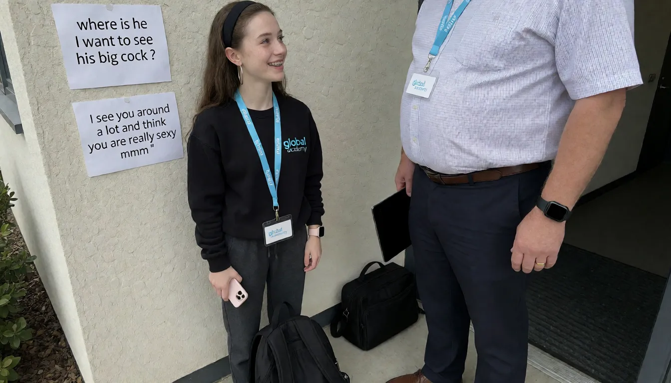 an amateur snapshot, Zoomed in shot, A quite short quite thin white pale woman with long brunette hair with black headband, big silver hoop earrings, 18 years old. No make up on face or lipstick, spots on skin, braces on teeth is wearing black sweatshirt , pink Apple Watch on her breast on sweatshirt it says global academy in light blue, wearing a lanyard with with a white badhr that says global academy in light blue on, wearing charcoal grey tracksuit bottoms and black trainers, has black rucksack at feet, holding pink mobile phone, standing by office block in quiet seclude area near wall. Note clearly visible on wall says ' where is he I want to see his big cock ? ' she is smiling at a tall middle aged man in shirt, trousers, quite overweight, brown shoes and lap top bag beside him on the floor. Wearing lanyard with white badge and light blue logo saying global academy. He is wearing black sports watch, has gold band wedding ring on finger. Another note below the last one says ' I see you around a lot and think you are really sexy mmm ", plenty of natural daylight, flat even light, casual unposed snapshot, natural everyday colour, mild noise, natural unretouched skin, strikingly beautiful, radiant complexion, early twenties