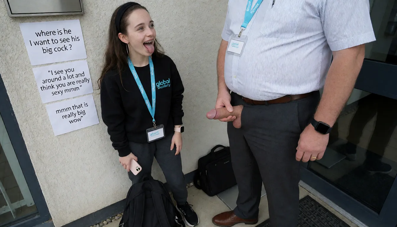an amateur snapshot, Zoomed in shot, A quite short quite thin white pale woman with long brunette hair with black headband, big silver hoop earrings, 18 years old. No make up on face or lipstick, spots on skin, braces on teeth is wearing black sweatshirt , pink Apple Watch on her breast on sweatshirt it says global academy in light blue, wearing a lanyard with with a white badhr  that says global academy in light blue on, wearing charcoal grey tracksuit bottoms and black trainers, has black rucksack at feet, holding pink mobile phone, standing by office block in quiet seclude area near wall. Note clearly visible on wall says ' where is he I want to see his big cock ? ' she is smiling at a tall middle aged man in shirt, trousers, quite overweight, brown shoes and lap top bag beside him on the floor. Wearing lanyard with white badge and light blue logo saying global academy. He is wearing black sports watch, has gold band wedding ring on finger, you can't see above his shoulders . Another note below the last one says ' I see you around a lot and think you are really sexy mmm " the man's trousers are opened and undone, he is holding an 8 inch long thick hard cock in his hand. The woman is looking down on it with mouth open and tongue out. There is another note below the last one that says ' mmm that is really big wow", plenty of natural daylight, flat even light, casual unposed snapshot, natural everyday colour, mild noise, natural unretouched skin, strikingly beautiful, radiant complexion, early twenties