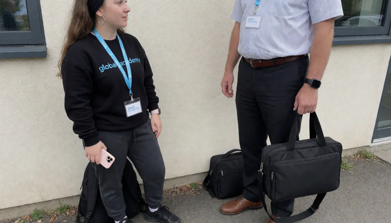 an amateur snapshot, Zoomed in shot, A quite short quite thin white pale woman with long brunette hair with black headband, big silver hoop earrings, 18 years old. No make up on face or lipstick, spots on skin, braces on teeth is wearing black sweatshirt , pink Apple Watch on her breast on sweatshirt it says global academy in light blue, wearing a lanyard with with a white badhr  that says global academy in light blue on, wearing charcoal grey tracksuit bottoms and black trainers, has black rucksack at feet, holding pink mobile phone, standing by office block in quiet seclude area near wall. Note clearly visible on wall says ' where is he I want to see his big cock ? ' she is smiling at a tall middle aged man in shirt, trousers, quite overweight, brown shoes and lap top bag beside him on the floor. Wearing lanyard with white badge and light blue logo saying global academy. He is wearing black sports watch, has gold band wedding ring on finger, you can't see above his shoulders . Another note below the last one says ' I see you around a lot and think you are really sexy mmm " the man's trousers are down around his knees with no underpants on , His big 8 inch fat cock is exposed , his hand are on his hips . The woman is holding it with one hand and  looking down on it and  licking her lips There is another note below the last one that says ' mmm that is really big wow". Another note below it says ' would you like me to suck that big cock ? Mmmm", plenty of natural daylight, flat even light, casual unposed snapshot, natural everyday colour, mild noise, natural unretouched skin, strikingly beautiful, radiant complexion, early twenties