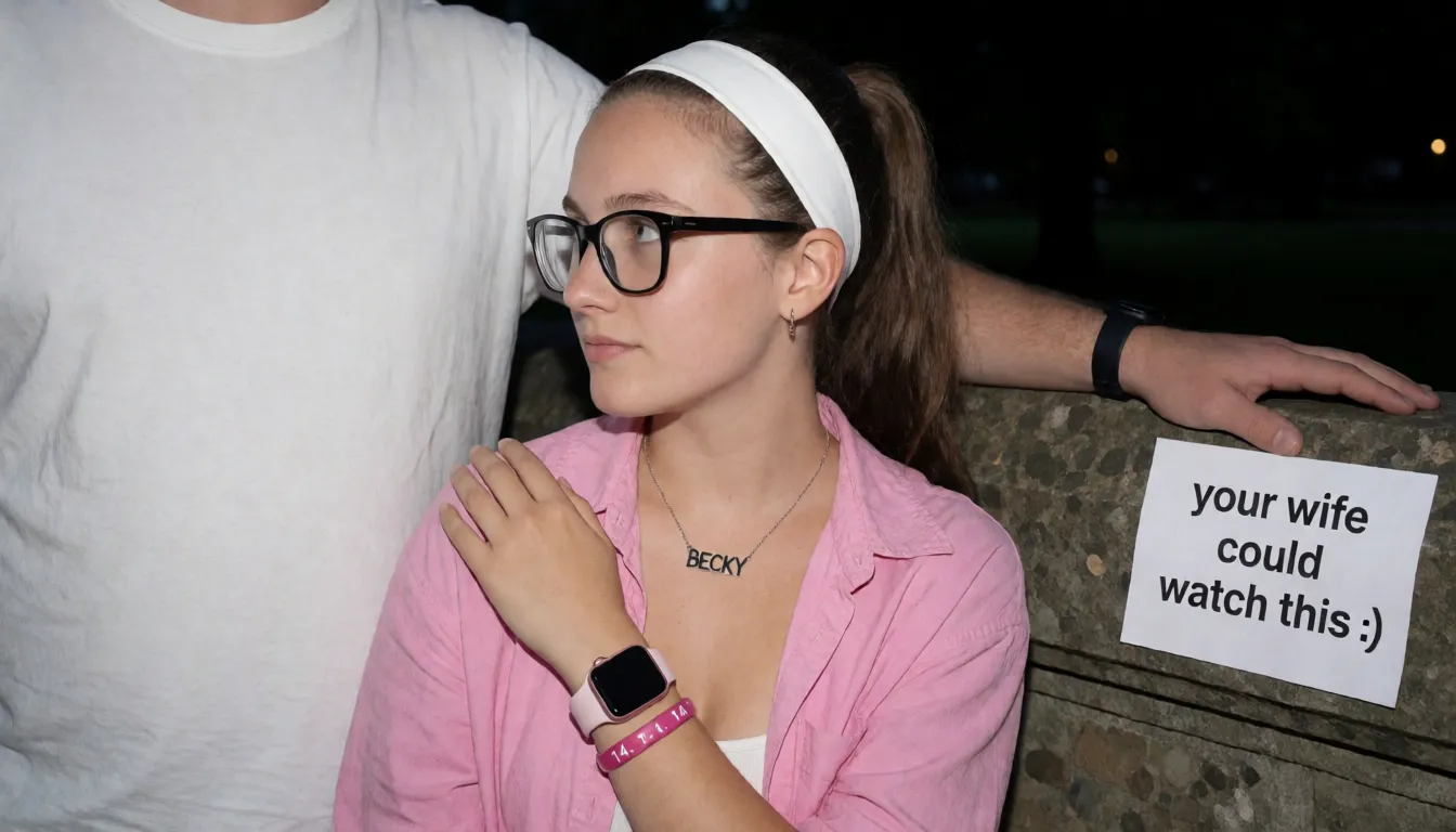 an amateur snapshot, A very short 18 year old woman, pale skinned, sweet face, petite, slim, brunette hair in pony tail platted and with thick white headband , no make up on face, lots of freckles, spots on skin, no make up or lipstick, braces on teeth, black framed glasses, wearing pink Apple Watch. Wearing a necklace that has the words 'BECKY' hanging down from it around her neck. You can only see her from waist upwards in zoomed in shot at night in a park by a wall. She is wearing a pink shirt that is unbuttoned completely and you can see her bare breasts with hard nipples . Her right hand side bra strap is pulled down over her shoulder so you can see her right breast and hard nipple. She is looking upwards ,and her hand is under her chin capturing the cum dripping down into, her hand has a lot of cum on , there is a big fat hard cock 8 inch long at least half its length inside her mouth, it is dripping with lots of white cum over her lips . you can't see anything else of him, he has thick gold wedding ring on finger and black sports watch, he has one hand on her head .He is wearing a white T-shirt . He is overweight. There is white cum on her nose, lots on her forehead . There is cum on her chest and there is lots of cum on her right breast too and her shoulder. There is a note on the wall behind that clearly says ' your wife could watch this ;) 'she is wearing a pink bangle on her wrist that clearly has written on it in white ' 14. 14. 14" , there is cum on her necklace. There is another note in the wall that can be clearly read that says ' you love big cock mmm" there's another note that clearly says ' I can't stop sucking this big cock mm', plenty of natural daylight, flat even light, casual unposed snapshot, natural everyday colour, mild noise, natural unretouched skin, strikingly beautiful, radiant complexion, early twenties