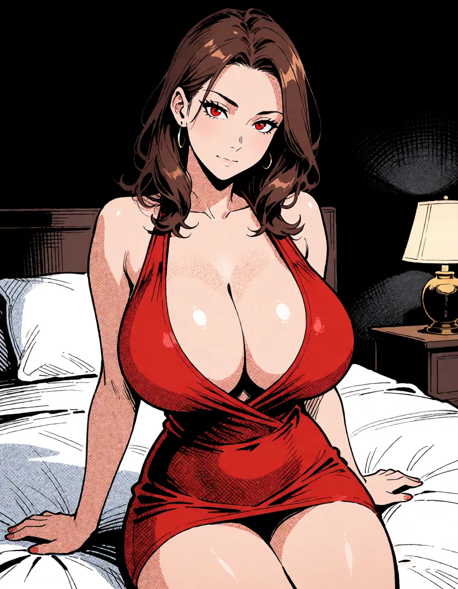 comic book art, Anime woman, white bedroom, dark room, huge breasts, red minidress, sleeveless, red eyes, brown hair, long hair, bold black ink outlines, halftone dot shading, cross hatched shadows, flat four colour print palette, hard high contrast comic inking, printed comic page, strikingly beautiful, radiant complexion, early twenties