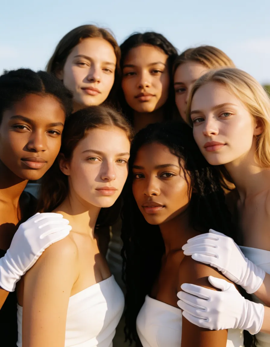 a photograph, highly detailed, natural lighting, 6+women, colored skin, white gloves, creampie, transparent background, soft lighting, dslr quality, warm golden afternoon daylight, soft natural shadows, warm amber tones, gentle contrast, fine film grain, smooth clear skin, strikingly beautiful, radiant complexion, early twenties