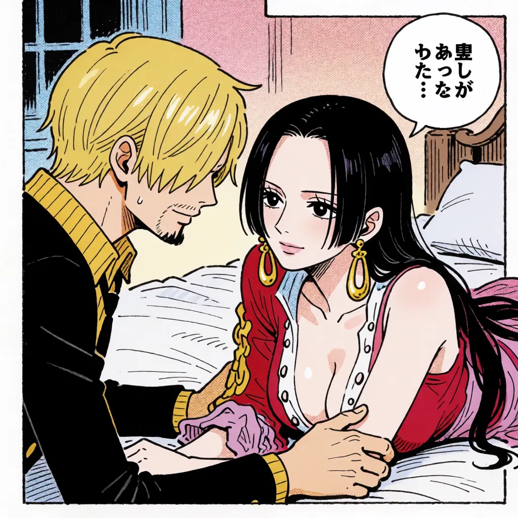 comic book art, Animation, One Piece, Sanji and Boa Hancock, man fucking woman, bodies facing each other, 1 man, grinning, vaginal penetration, gripping her hips with both hands and thrusting vigorously, hips moving rhythmically back and forth along the same trajectory, motion blur trails showing the thrusting movement, 1 woman, peak of pleasure, screaming, eroticism, sweaty skin, disheveled clothing, on a bedroom bed, anime-style coloring, flat coloring, fine lines, delicate linework, Japanese text displaying her screams., bold black ink outlines, halftone dot shading, cross hatched shadows, flat four colour print palette, hard high contrast comic inking, printed comic page, strikingly beautiful, radiant complexion, early twenties