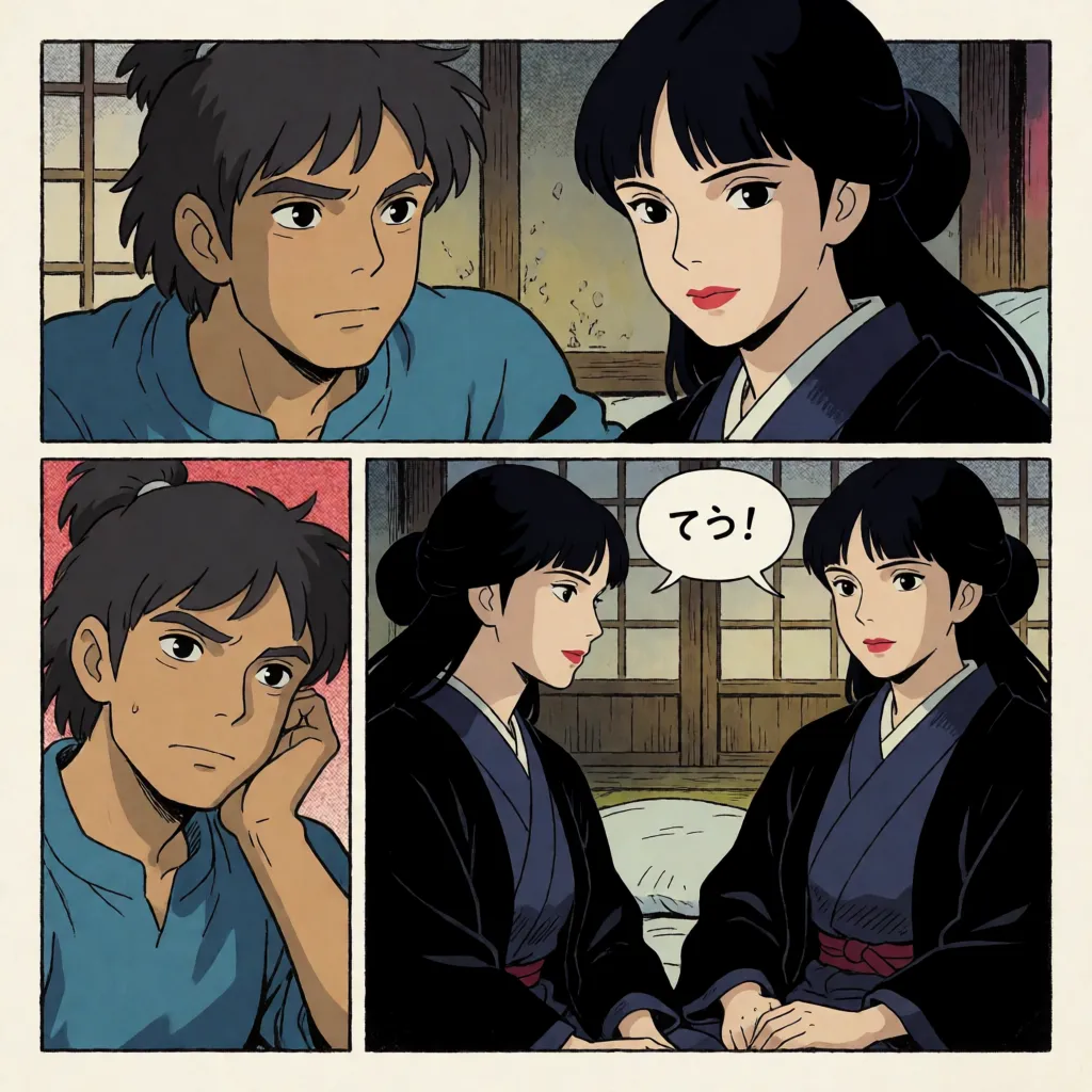 comic book art, 3-panel layout, man fucking woman, Ghibli style, Princess Mononoke characters, Ashitaka and Lady Eboshi, 1 man, smirking, aggressive, vaginal penetration, high-speed thrusting, gripping her hips, creampie, mature woman, high-ranking status, jet-black hair, blunt-cut bangs, long hair tied in a low bun at the back of the head, red lipstick, black haori, clothes disheveled, large breasts, well-proportioned figure, sweaty skin, sweat flying off the skin, sexual acts in various positions across 3 panels, climaxing during missionary penetration, climaxing during deep doggy-style penetration while he grips her hips, kneeling before him while he stands and performing fellatio on his penis, in a Japanese-style bedroom, anime color, flat color, fine lines, delicate lines, masterpiece, best quality, ultra-detailed, motion effects, speed effects, sound effects, speech bubble with her repeatedly moaning "an!", Japanese text., bold black ink outlines, halftone dot shading, cross hatched shadows, flat four colour print palette, hard high contrast comic inking, printed comic page, strikingly beautiful, radiant complexion, early twenties